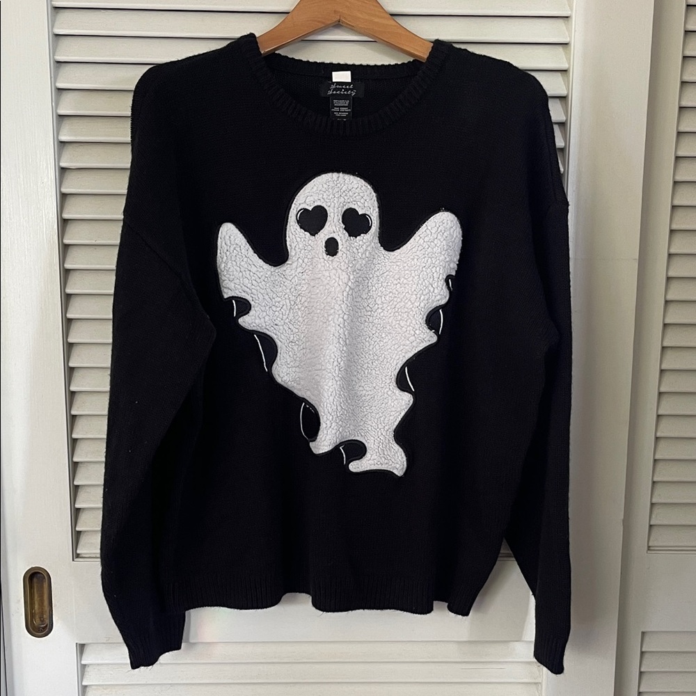 Spooky Black Sweater with White Ghost Design